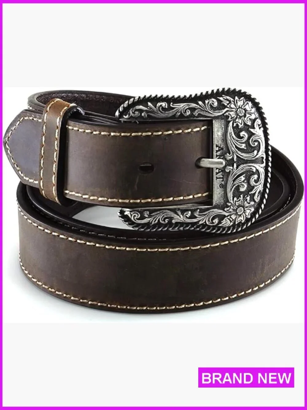 Genuine Leather Western Belt Heavy Stitch Floral Buckle Classic Rugged Feminine